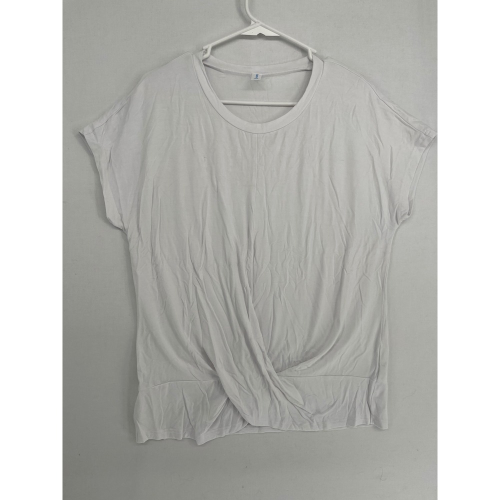 YSYOKOW Women White Twist Front Short Sleeve Rayon Spandex T-Shirt Top Large